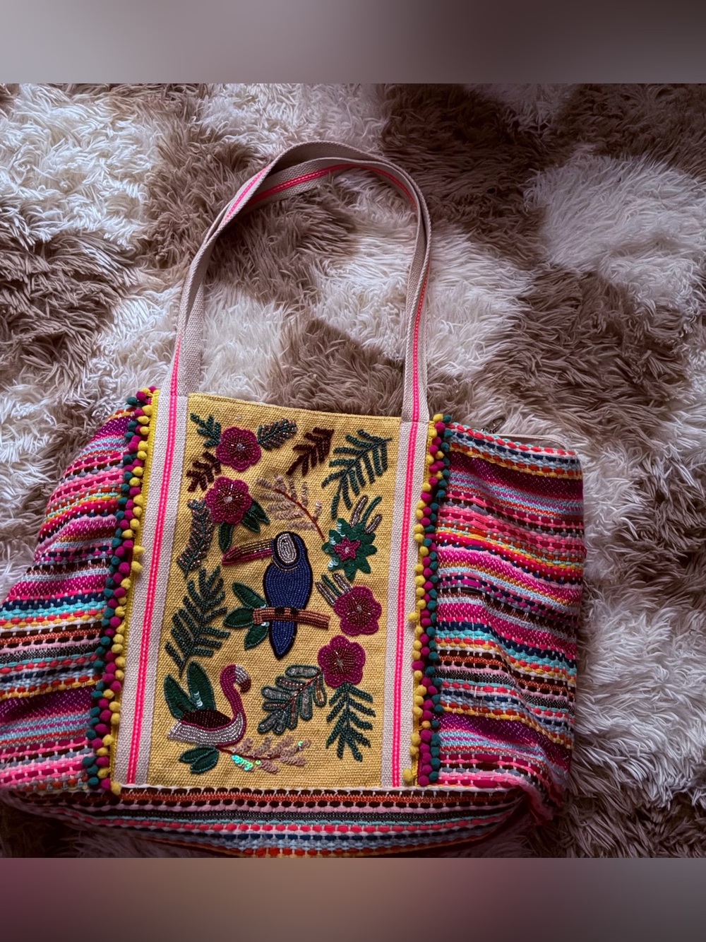 Embroidered Tropical Tote Bag in Yellow & Pink